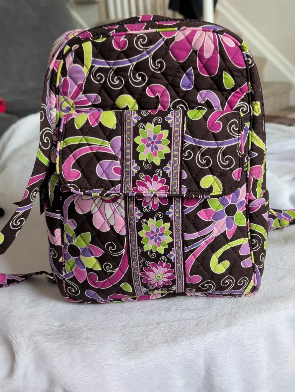 Vera Bradley Quilted Floral Backpack in Brown, Pink & Green